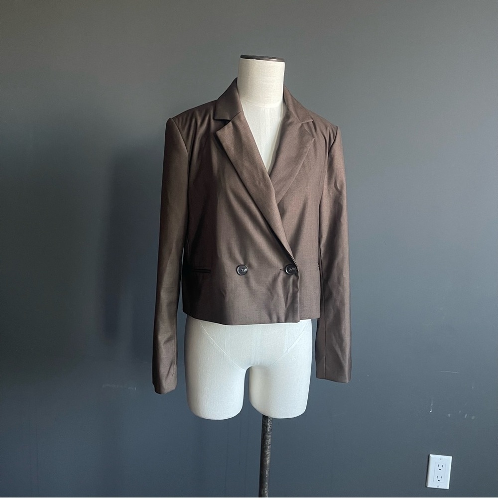 Oak + Fort Cropped Brown Double Breasted Blazer Minimal Tailored Jacket